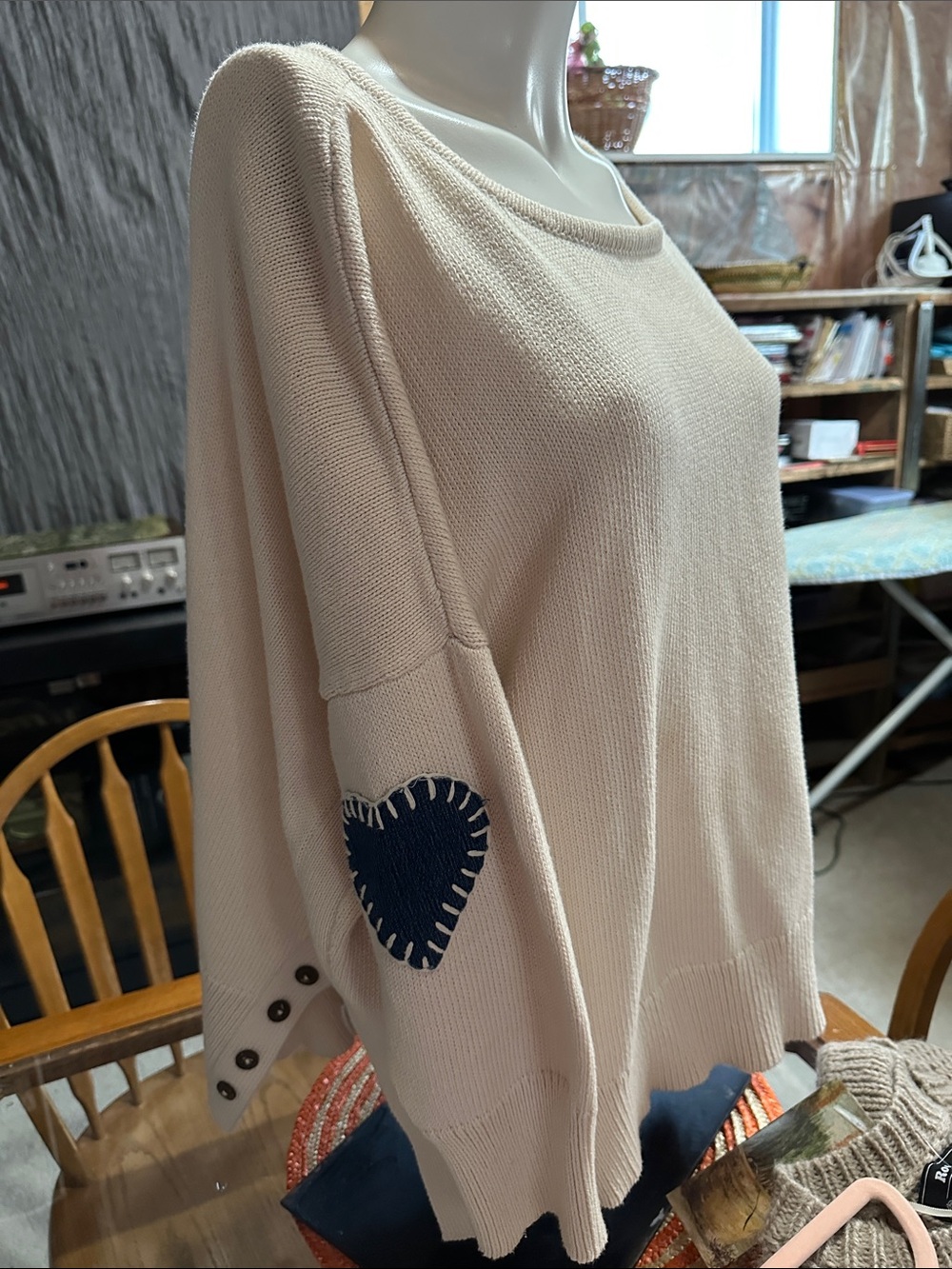 Shannon Passero Relaxed Cream Scoop-Neck Sweater Heart Elbow Patch Small